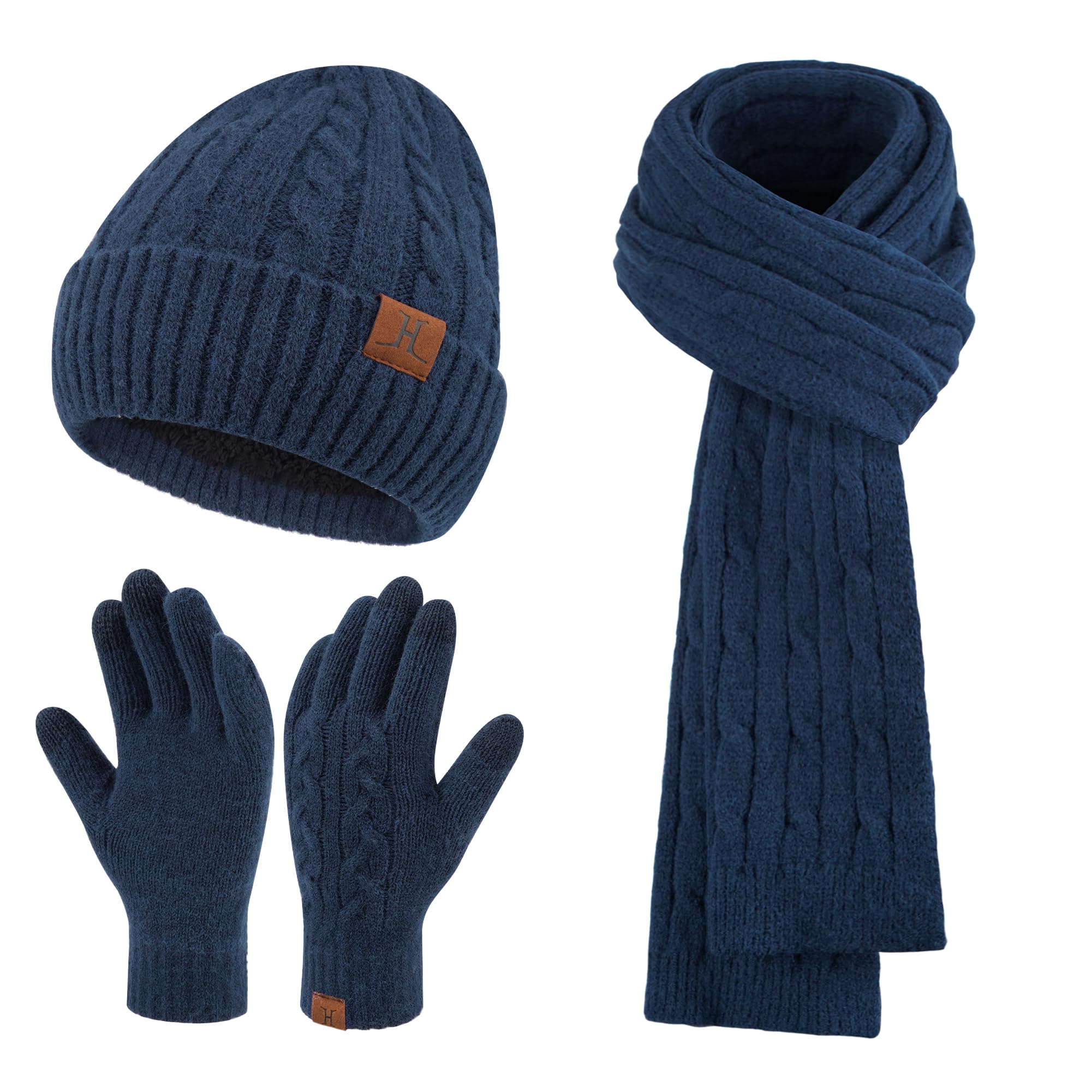 Womens Winter Beanie Hats Long Scarf Touchscreen Gloves Set Warm Knit Skull Caps Gifts for Women